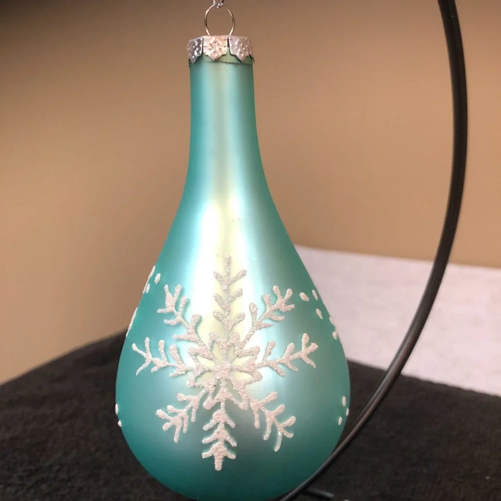 3 ~Vintage Teal Glass Ornaments Frosted White Glitter Snowflakes & Reflective 5
